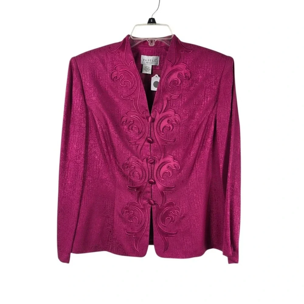 Papell Skirt Suit Women 14P‎ Magenta Silk Embroidery Blazer Set Vintage
